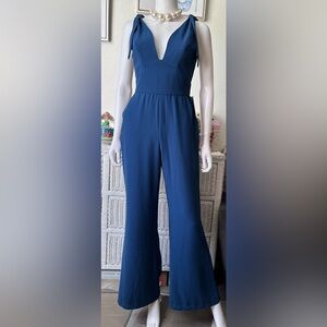 Harlyn Jumpsuit Low Cut Wide Legs w/ Bow Tie Shoulder Straps in blue Size XS NWT